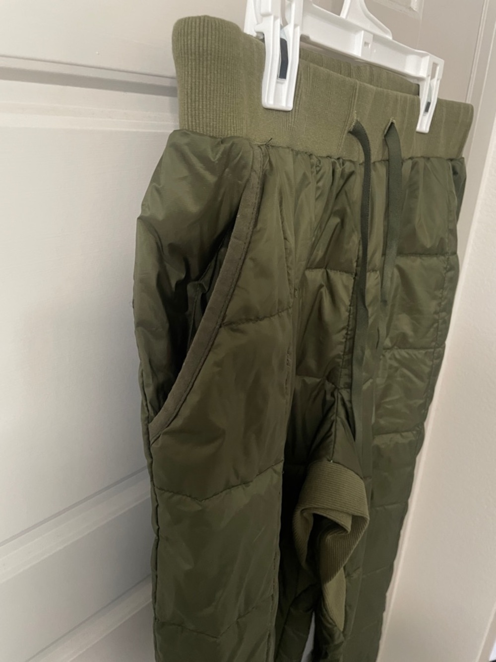 Quilted Olive Green Men's Joggers - Lightweight Puffer Sweatpants - Picture 3 of 4